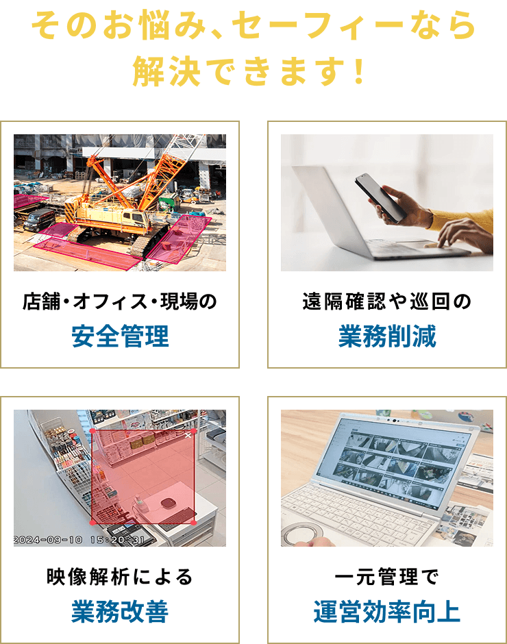そのお悩み、セーフィーなら解決できます！ 店舗・オフィス・現場の安全管理, 遠隔確認や巡回の業務削減, 映像解析による業務改善, 一元管理で運営効率向上