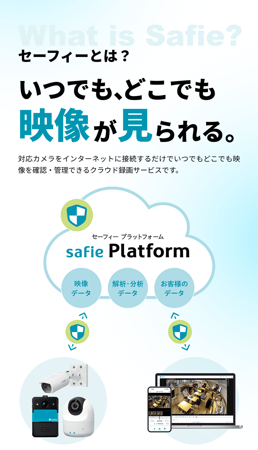 セーフィーとは？ いつでも、どこでも映像が見られる。対応カメラをインターネットに接続するだけでいつでもどこでも映像を確認・管理できるクラウド録画サービスです。