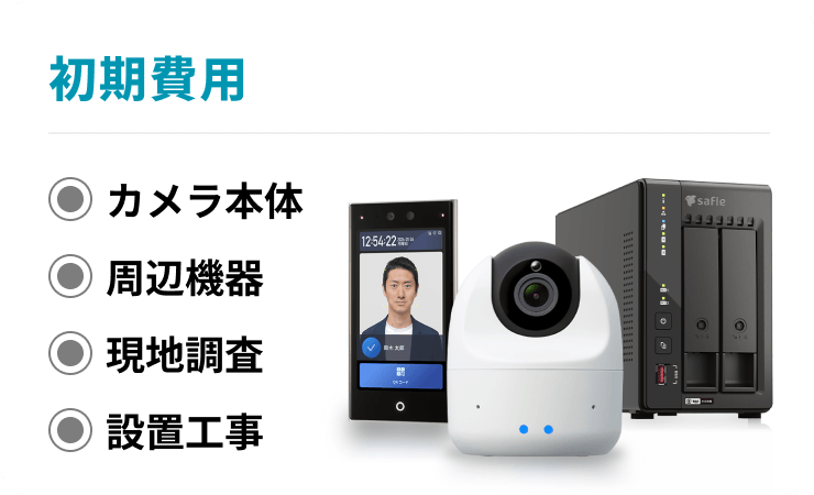 初期費用:カメラ本体, 周辺機器, 現地調査, 設置工事