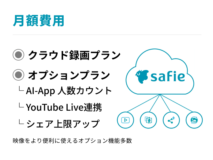 月額費用:クラウド録画プラン, オプションプラン-AI-App 人数カウント, YouTube Live連携, シェア上限アップ 映像をより便利に使えるオプション機能多数