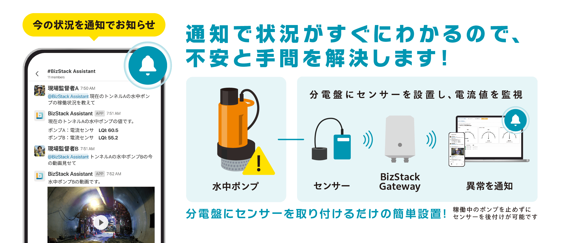 通知で状況がすぐにわかるので、不安と手間を解決します！ 分電盤にセンサーを取り付けるだけの簡単設置！ 稼働中のポンプを止めずにセンサーを後付けが可能です。