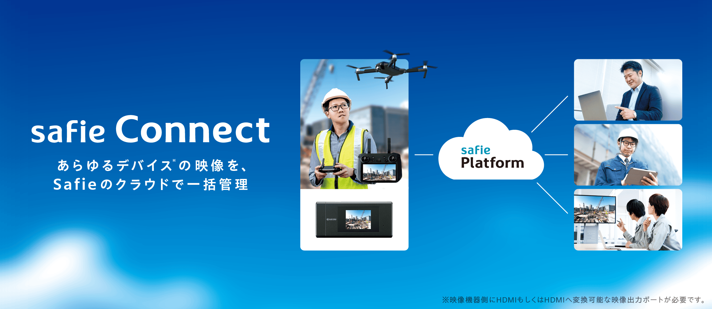 Safie Connect：あらゆるデバイスの映像を、Safieのクラウドで一括管理。　※映像機器側にHDMIもしくはHDMIへ変換可能な映像出力ポートが必要です。