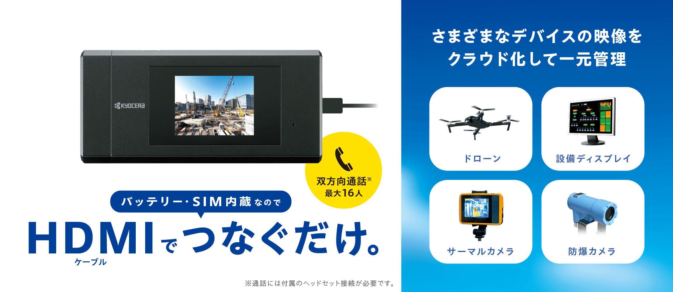 バッテリー・SIM 内蔵なのでHDMIケーブルでつなぐだけ。最大16人で双方向通話が可能。ドローン、設備ディスプレイ、サーマルカメラ、防爆カメラなど、デバイスの映像をクラウド化して一元管理できます。 ※通話には付属のヘッドセット接続が必要です。