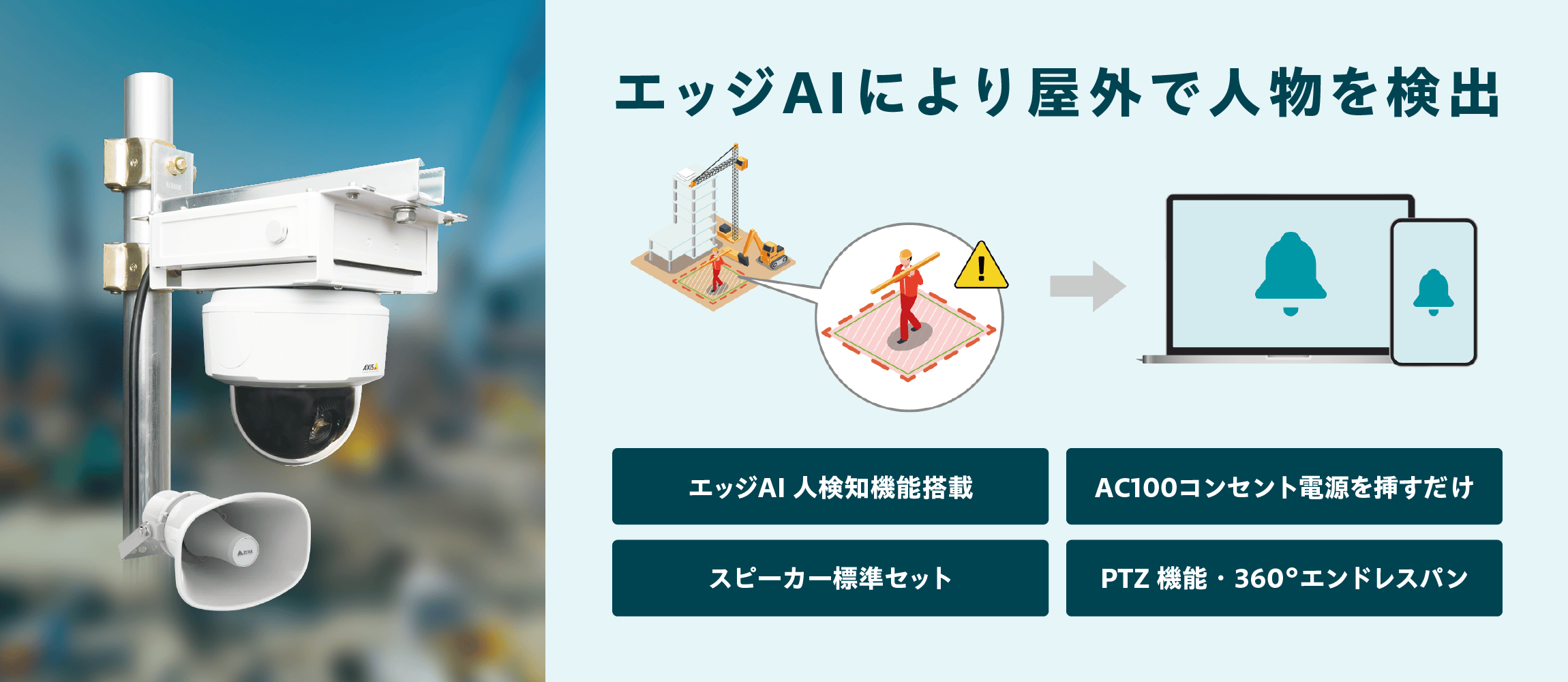 エッジAIにより屋外で人物を検出；エッジAI人検知機能搭載。AC100コンセント電源を挿すだけ。スピーカー標準セット。PTZ 機能・360エンドレスパン。